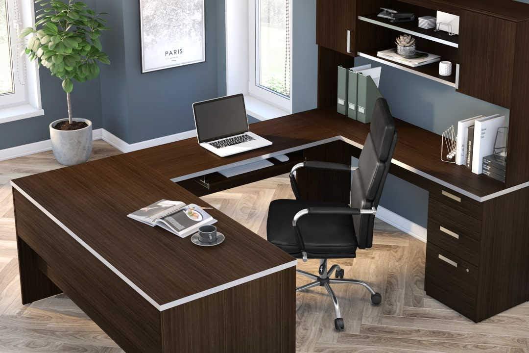 Bestar Ridgeley U Shaped Desk in Dark Chocolate & White Chocolate