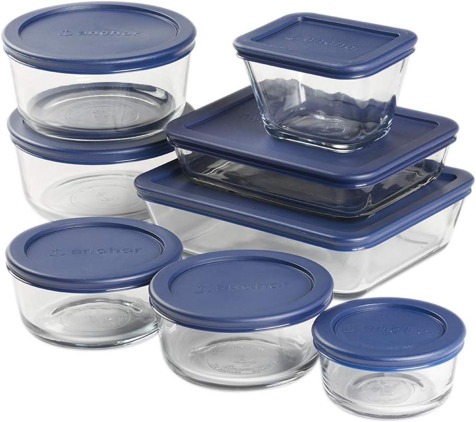 16 Piece Glass Food Storage Containers with Navy Blue Lids