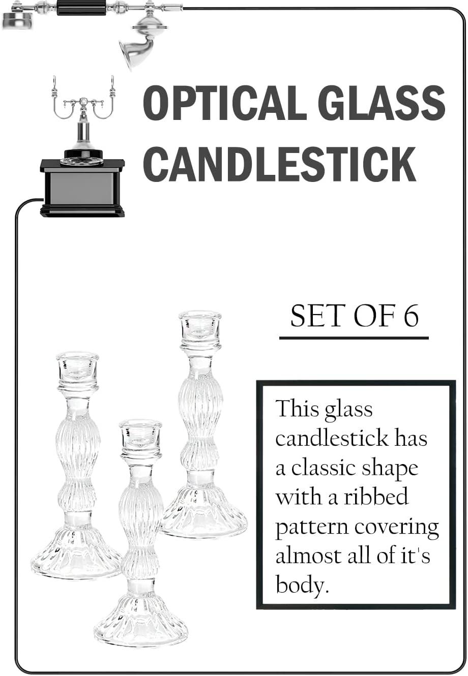 Set of 6 Clear Ribbed Glass Candlestick Holders