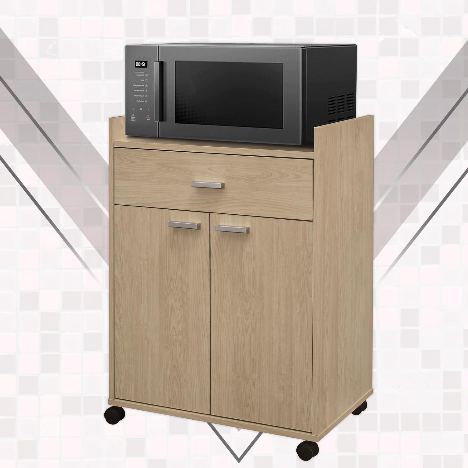 Kings Brand Furniture Northbury 2-Door Microwave Accent Kitchen Cabinet Rolling Cart (Beech)