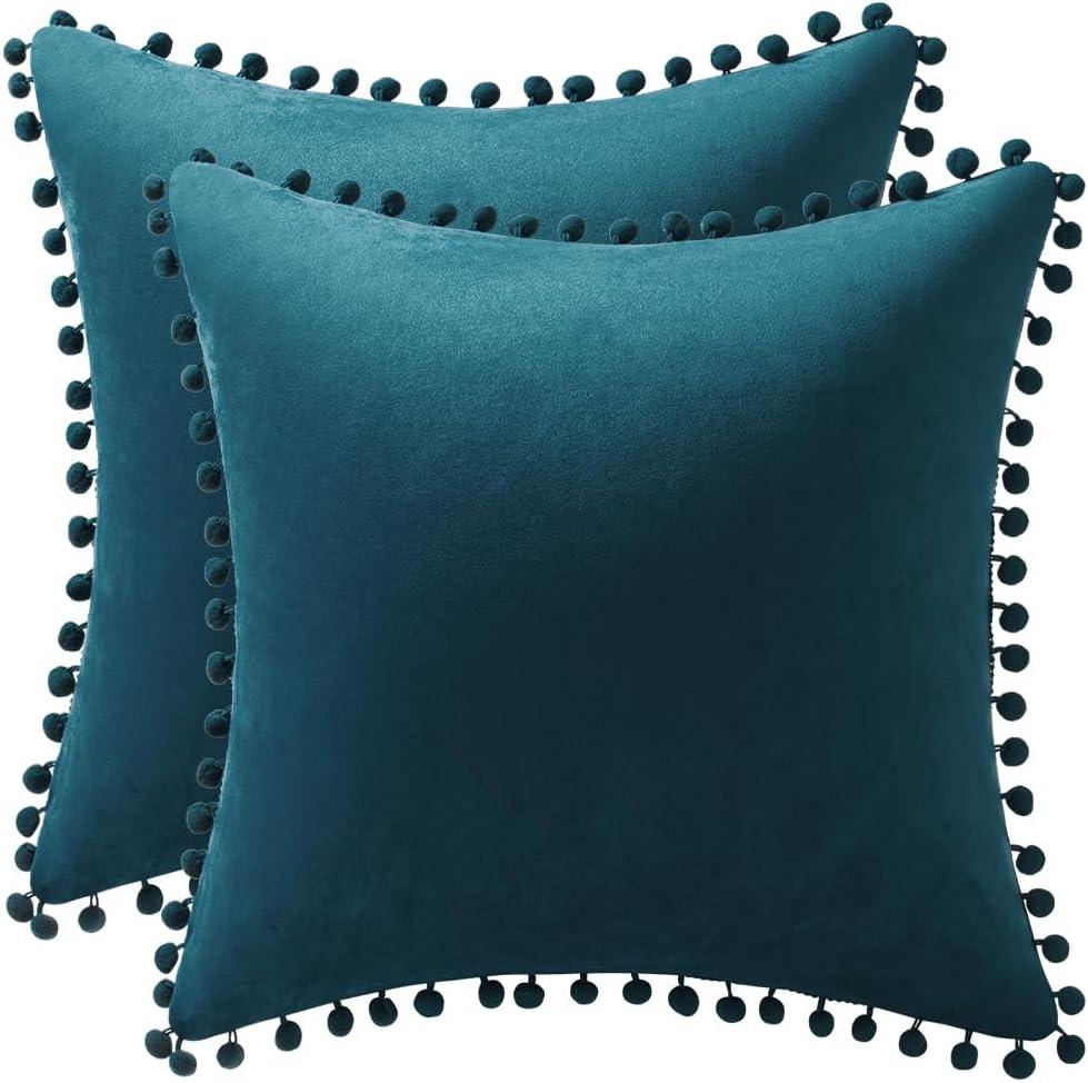 Teal Velvet Pom-Pom 24" Euro Pillow Covers, Set of 2