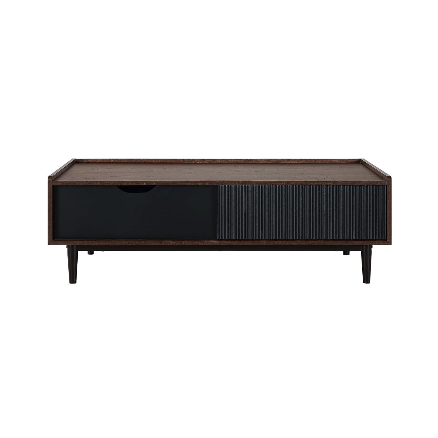 Manhattan Comfort Duane Ribbed Coffee Table with Drawer and Shelf Dark Brown/Black: Rectangular, MDF, Living Room Furniture