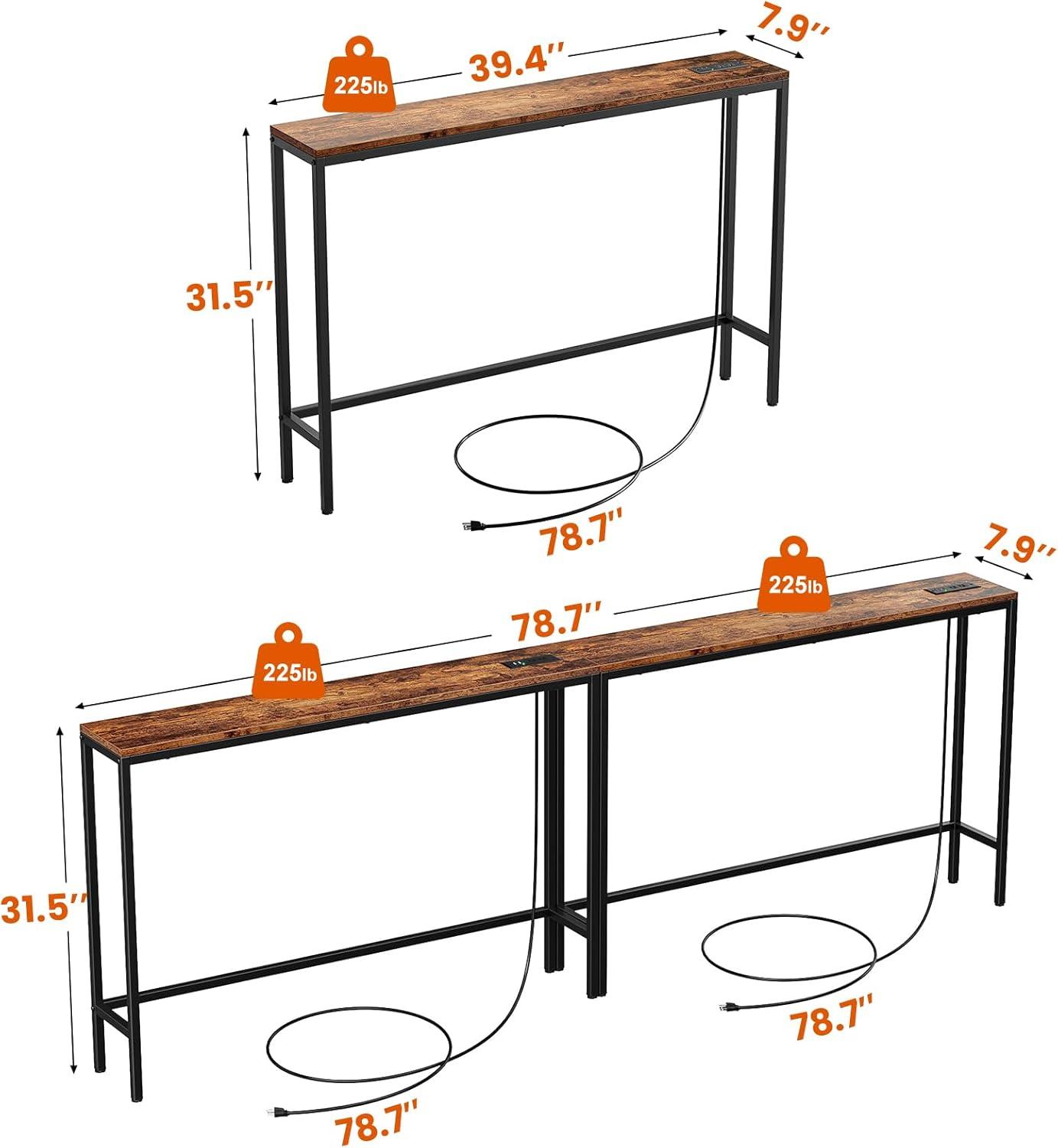 Rustic Brown Narrow Sofa Table with Power Outlets & USB Ports