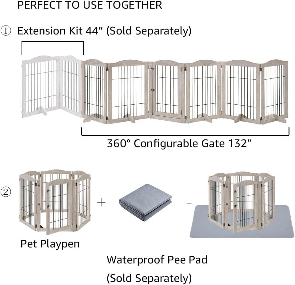Unipaws Extra Wide Freestanding Dog Gate, 6 Panels Pet Playpen with Wood and Wire, Walk Through Dog Gate with 5 Support Feet