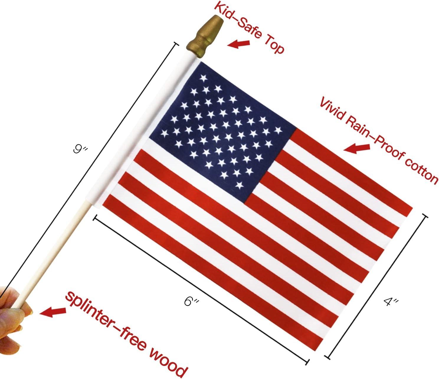 Pack of 50 USA 4x6 Inch Wooden Stick Flags with Golden Spear Top