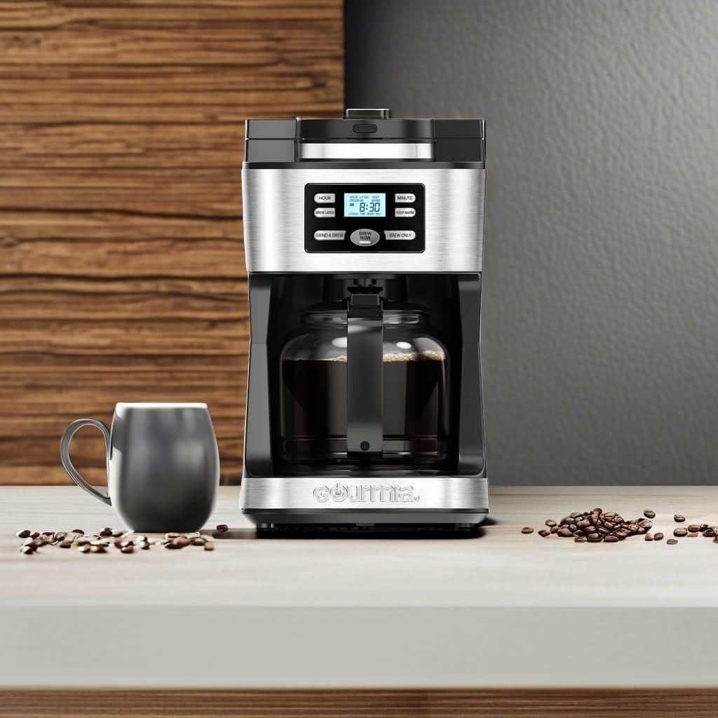 Gourmia 12-Cup Programmable Grind & Brew Coffee Maker: Stainless Steel, Dishwasher-Safe Parts