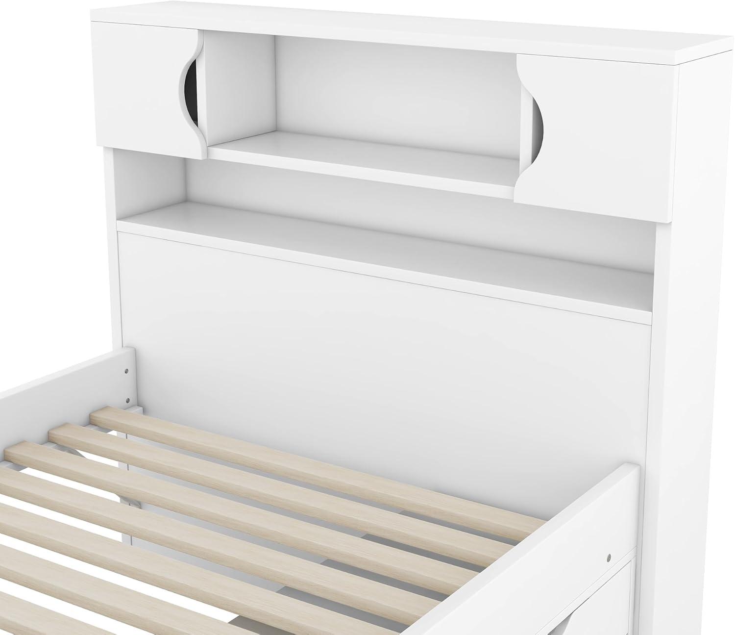 White Twin Wood Platform Bed with Bookcase Headboard and Storage Drawers