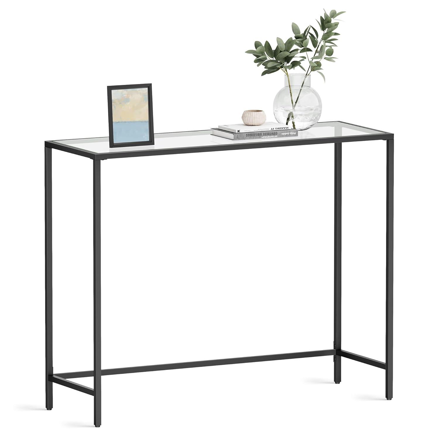 VASAGLE Consola de Vidrio Templado, Sofá, Mesa de Entrada, Estructura de Metal, Negro