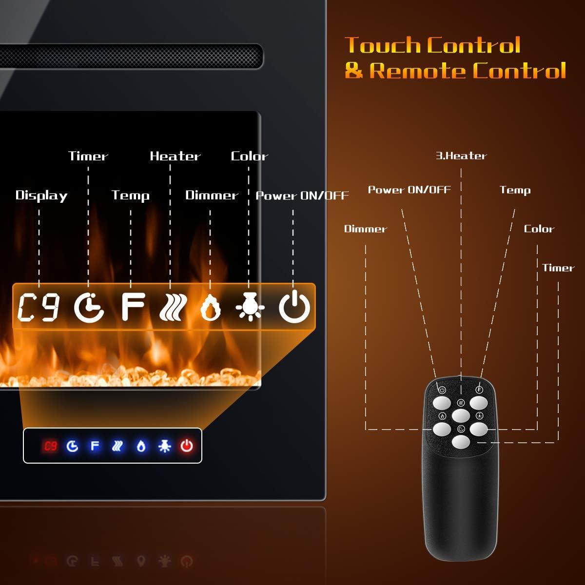 Tangkula 36"/40"/50" Recessed Electric Fireplace Wall Mounted Heater w/Remote Control 750W/1500W mode Adjustable Flame