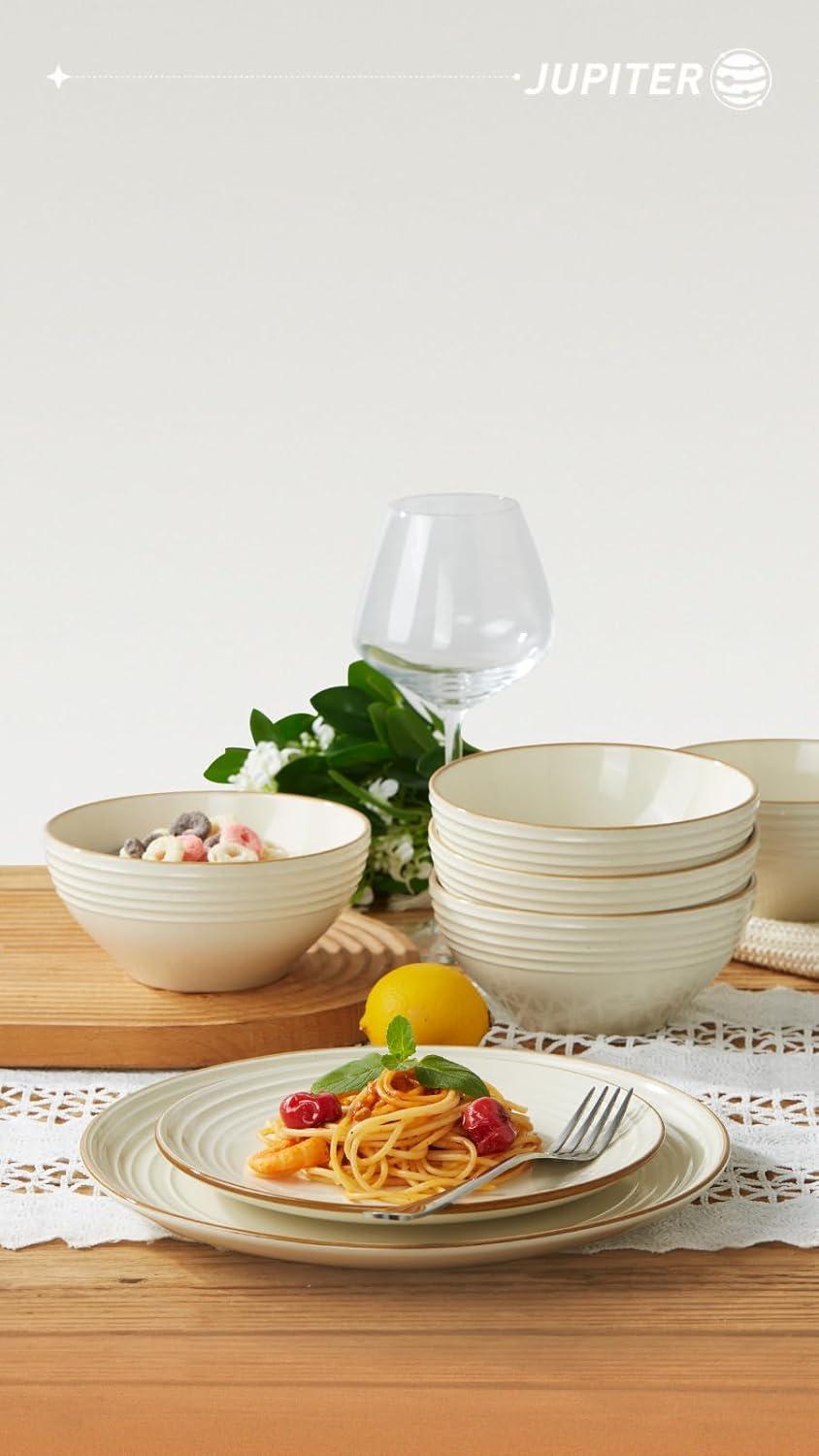 Famiware Jupiter 12 Piece Stoneware Dinnerware Set, Plates and Bowls Set for 4, Vanilla White