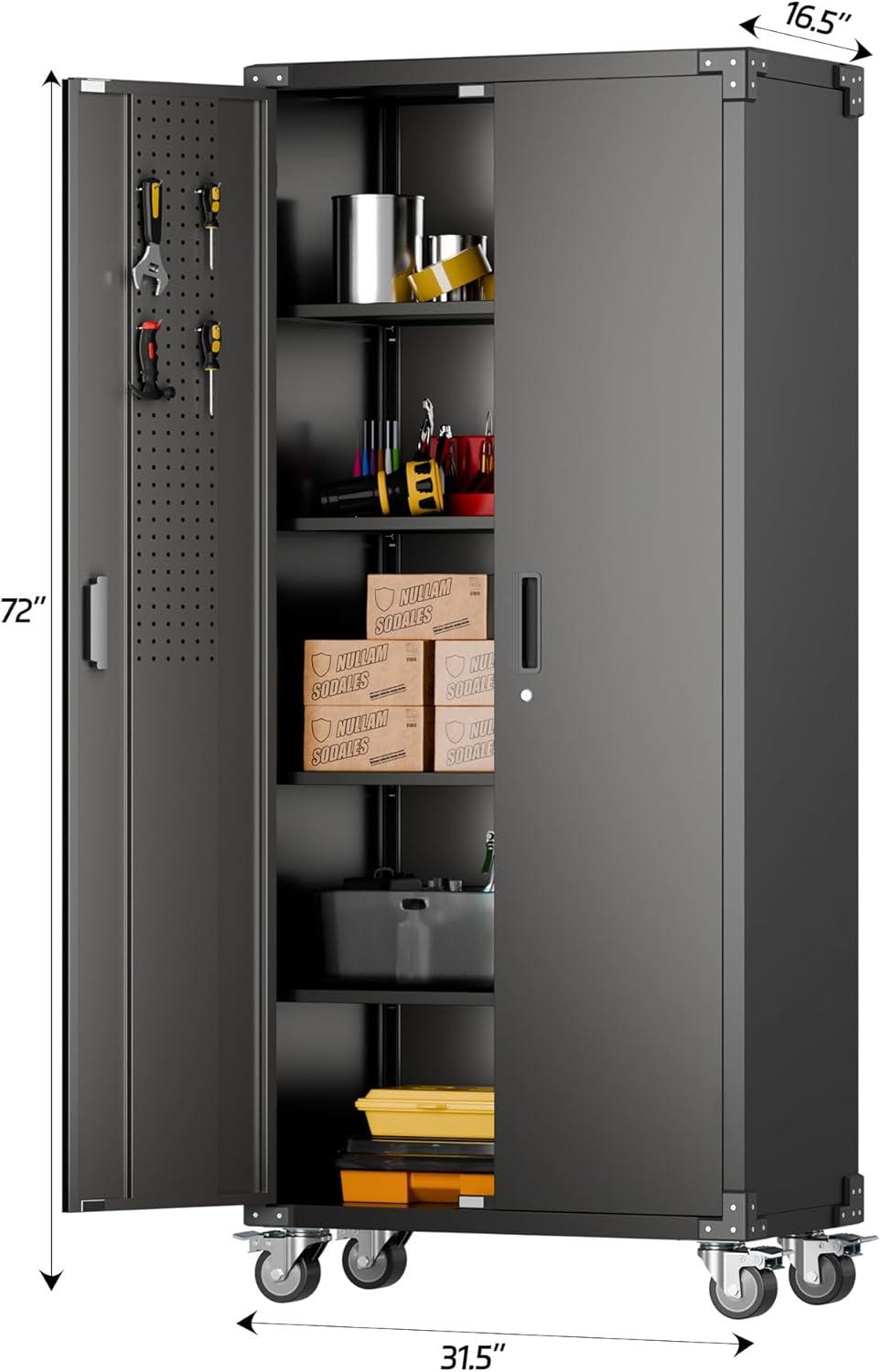 AOBABO 72 Inch Locking Metal Garage Storage Cabinet with Universal Rubber Wheels with Lockable Casters, Pegboards, and Magnetic Doors, Black