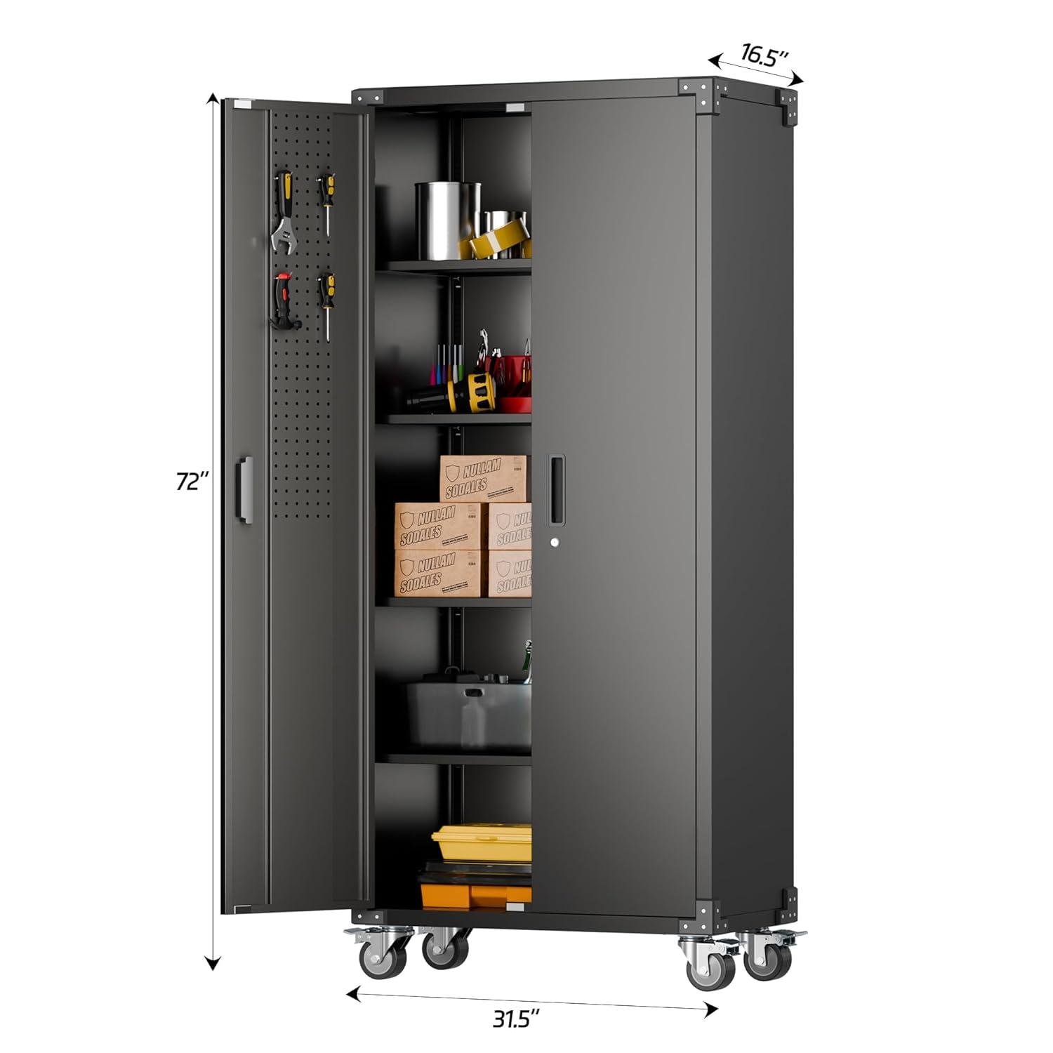 AOBABO 72 Inch Locking Metal Garage Storage Cabinet with Universal Rubber Wheels with Lockable Casters, Pegboards, and Magnetic Doors, Black