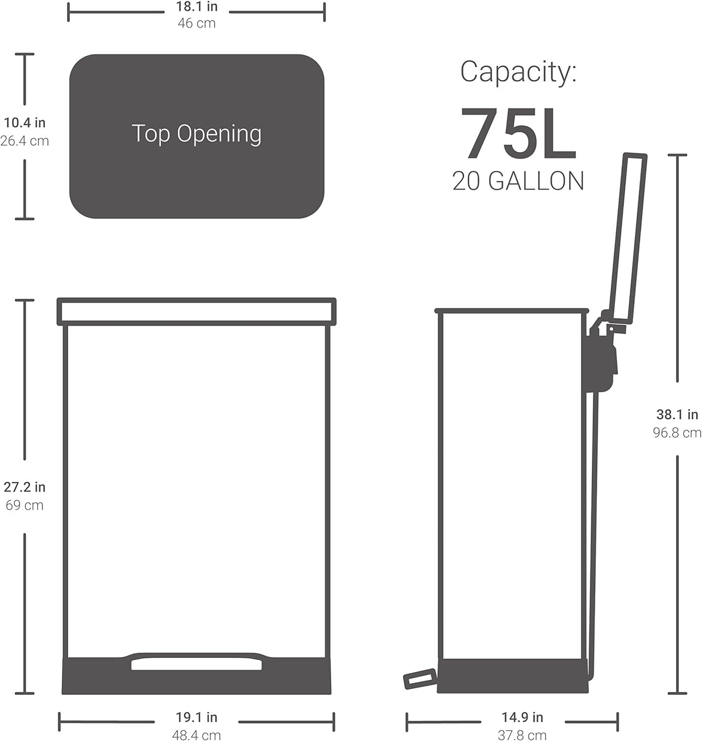 QUALIAZERO 20 GAL/75L, RECTANGLE SHAPE, STAINLESS STEEL STEP-ON CAN, WITH SOFT CLOSE LID, BRUSH FINISH