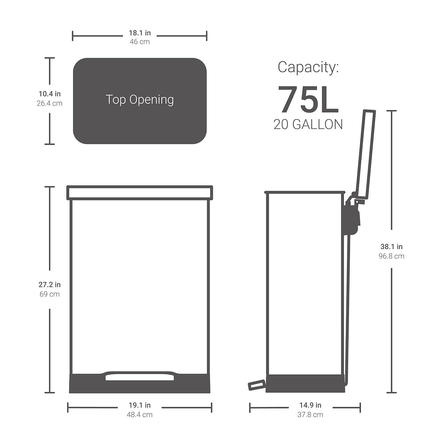 QUALIAZERO 20 GAL/75L, RECTANGLE SHAPE, STAINLESS STEEL STEP-ON CAN, WITH SOFT CLOSE LID, BRUSH FINISH