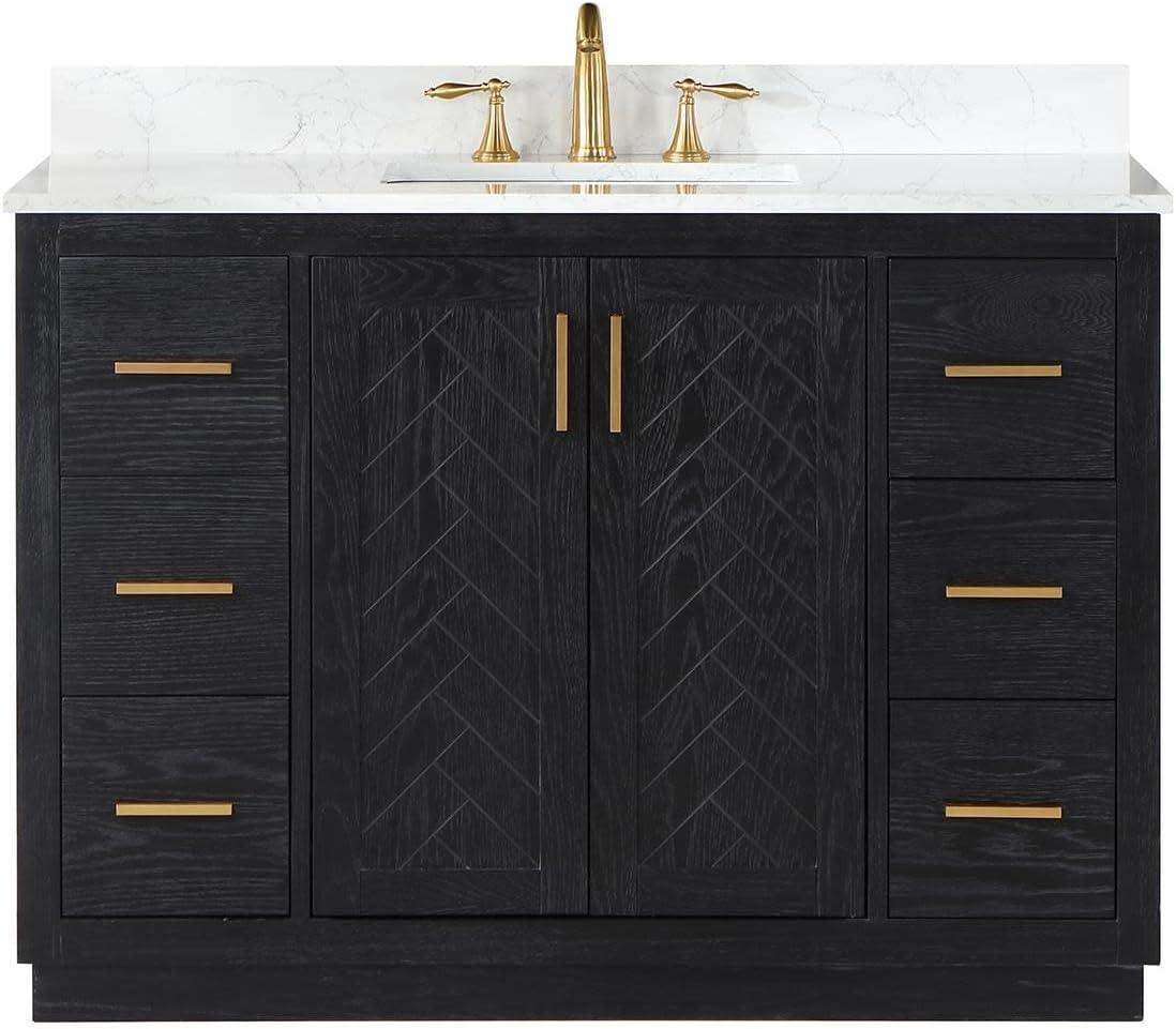 Gazsi 48" Single Bathroom Vanity Set in Black Oak with Grain White Composite Stone Countertop without Mirror
