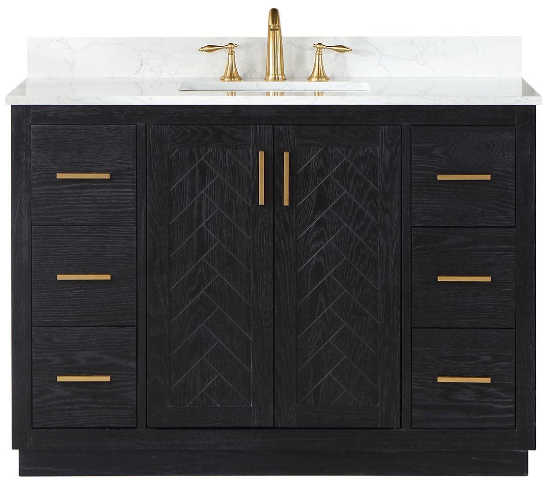 Gazsi 48" Single Bathroom Vanity Set in Black Oak with Grain White Composite Stone Countertop without Mirror