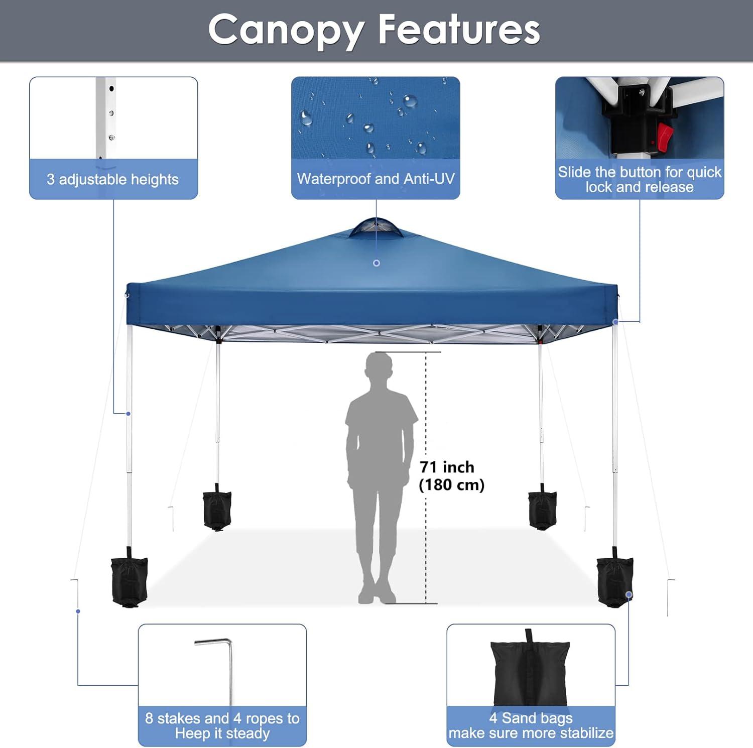 Blue 10' x 10' Waterproof Metal Frame Pop-Up Canopy Tent with Sidewalls