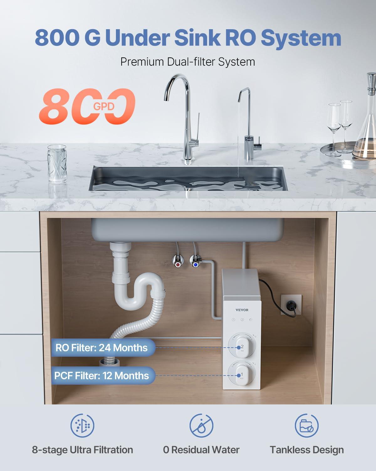 VEVOR Reverse Osmosis System, 800 GPD 8-stage Tankless Reverse Osmosis Water Filter, NSF Certified TDS Reduction, Under Sink Water Filtration System with Smart Display Faucet, 2:1 Pure to Drain Ratio