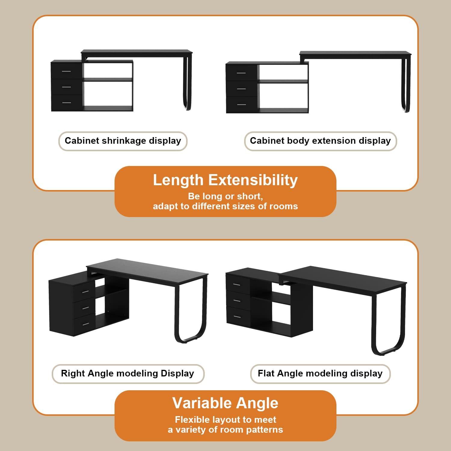 KULAGAGA L Shaped Computer Desk Corner Writing Workstation Table with Cabinet Drawer Storage for Home Office Study, Black