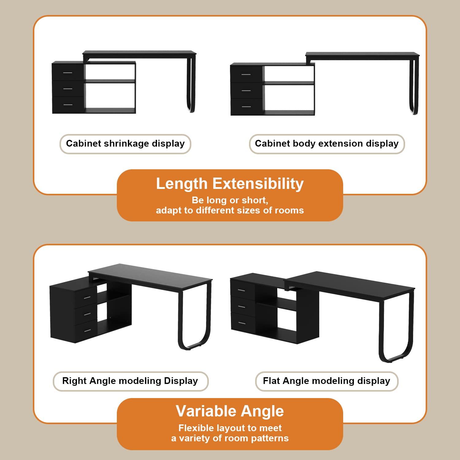 KULAGAGA L Shaped Computer Desk Corner Writing Workstation Table with Cabinet Drawer Storage for Home Office Study, Black