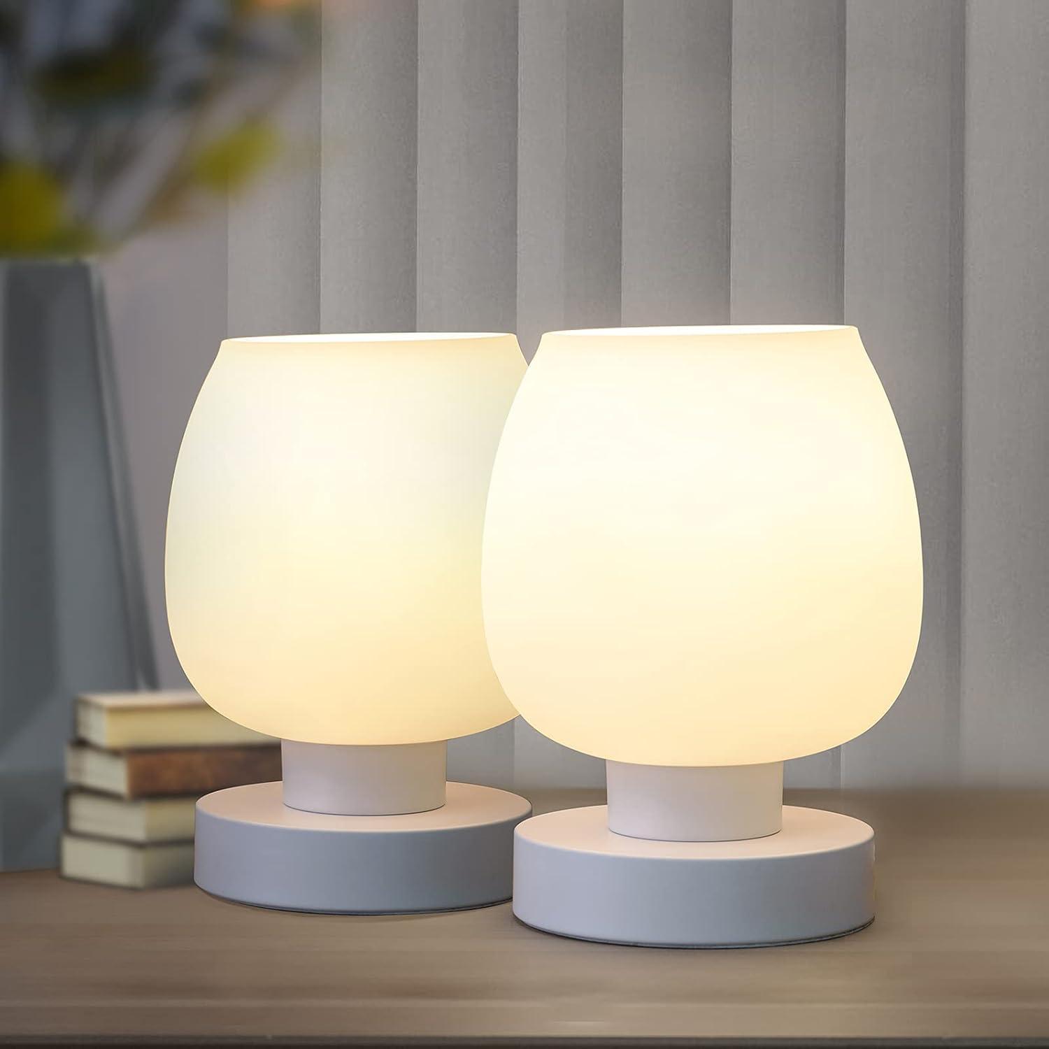 Small White Opal Glass Touch Table Lamp Set with 3-Way Switch