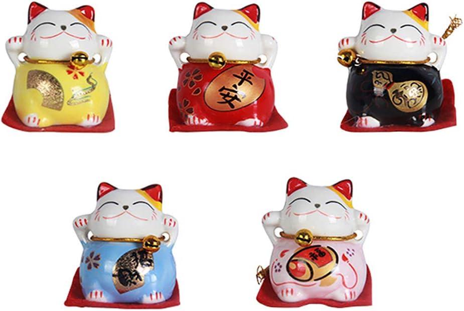 EatingBiting Set of 5 Japanese Ceramics Maneki Neko Lucky Cat Figurines Waving Upright Fortune Cat Figurines Cute Smiley Waving Upright Lucky Fortune