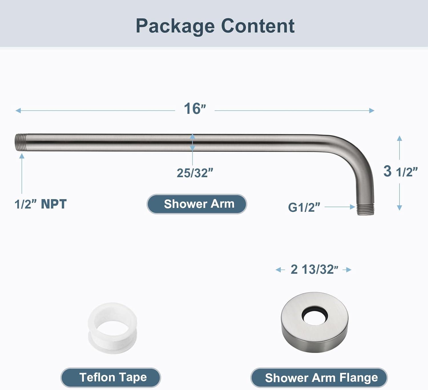 Brushed Nickel 16-Inch Stainless Steel L-Shaped Shower Arm