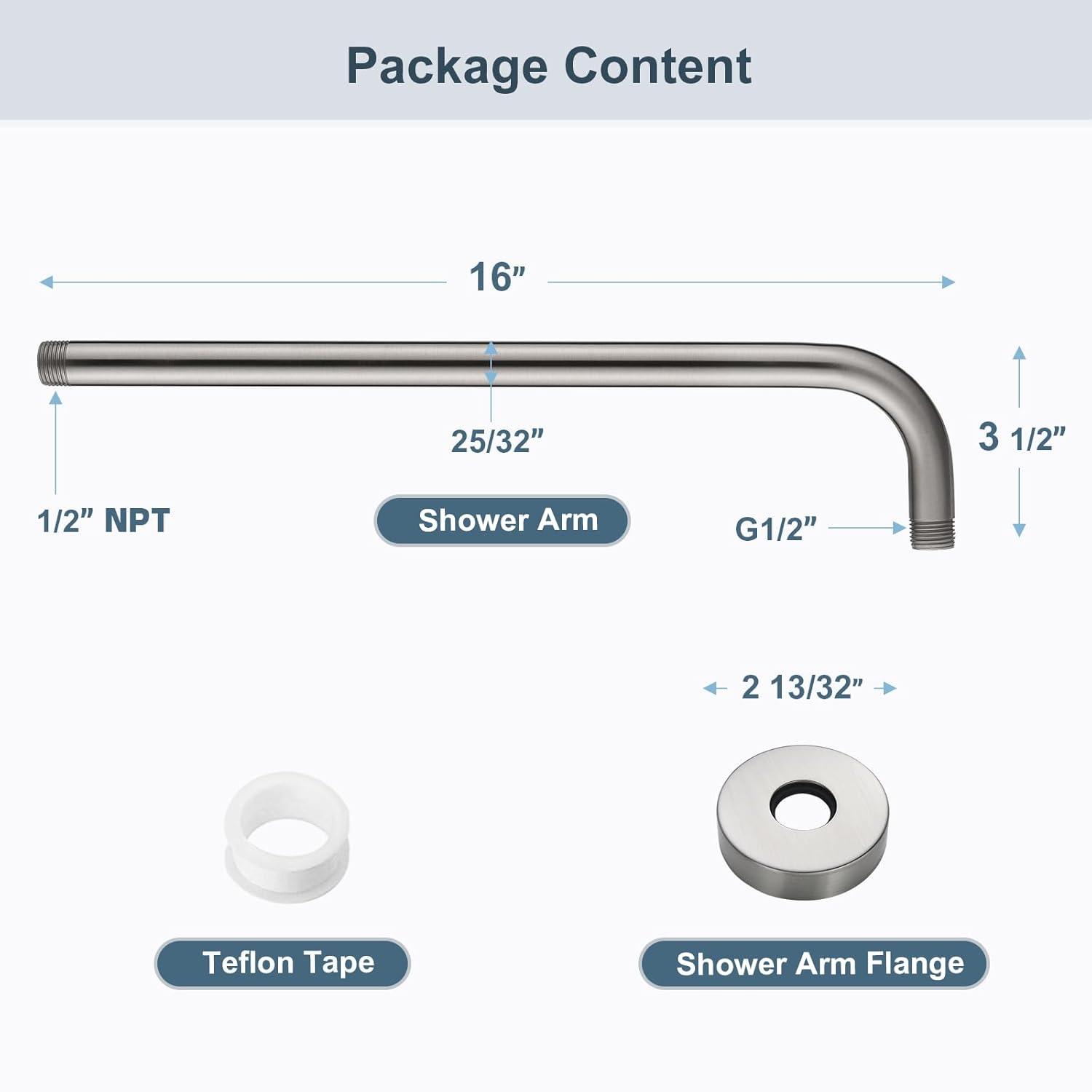 Brushed Nickel 16-Inch Stainless Steel L-Shaped Shower Arm