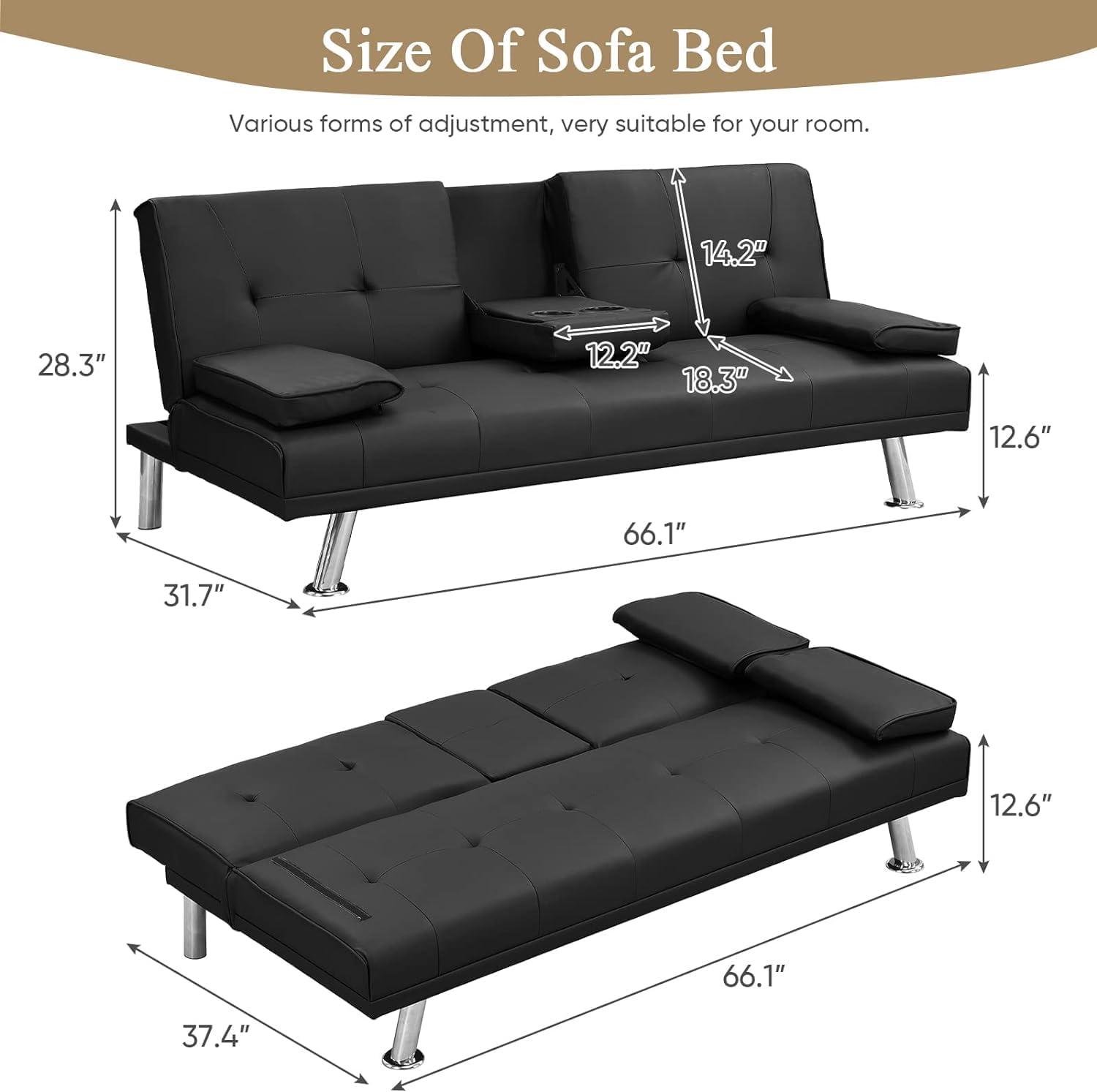 Hbaid Modern Faux Leather Couch Convertible Folding Futon Sofa Bed with 2 Cup Holders, Black