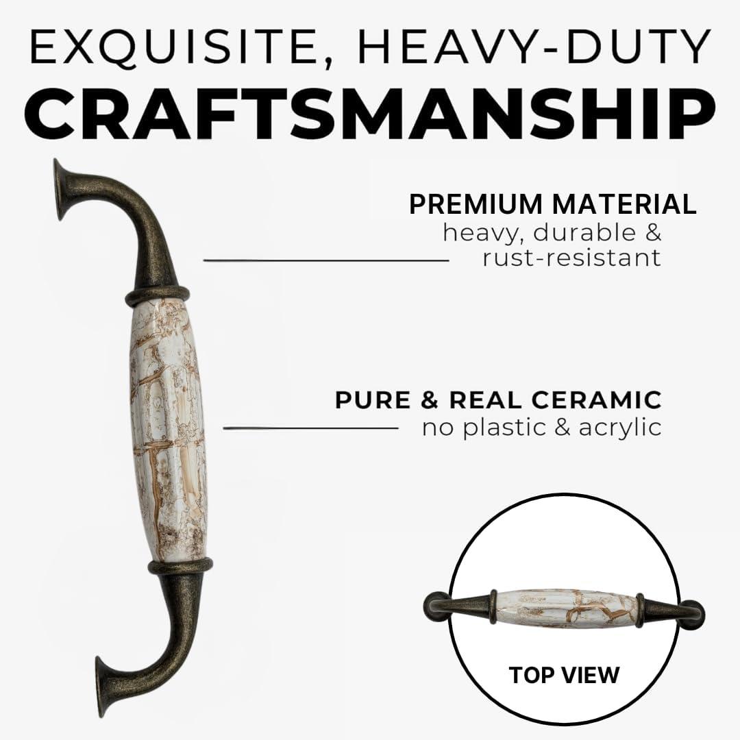 12 pcs Antique Brass Ceramic Pumpkin Cabinet Handles with Brown Marble Finish for Cabinets, Drawers, Dressers, Trays