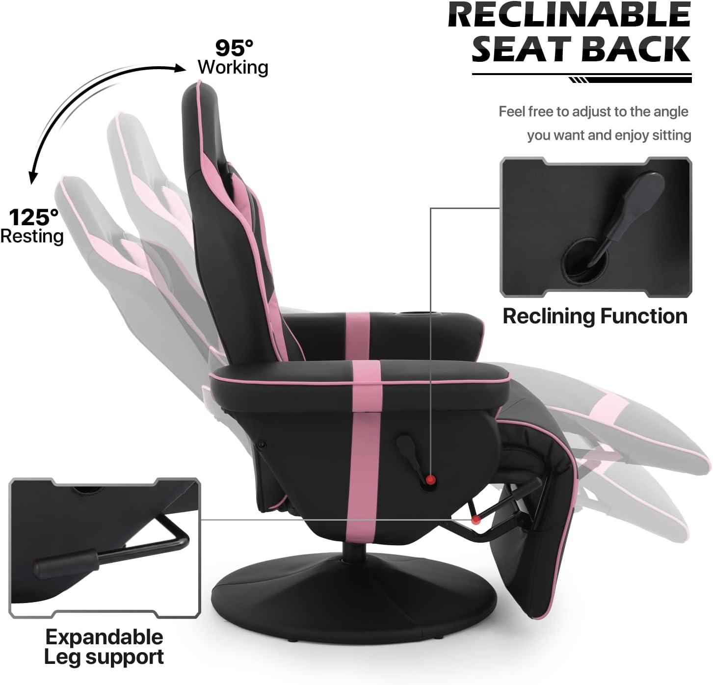 MoNiBloom Racing Style Pu Leather Ergonomic Adjusted Reclining Video Gaming Sofa Chair Seat with Adjustable Backrest and Footrest Cup Holder Pillow, Pink