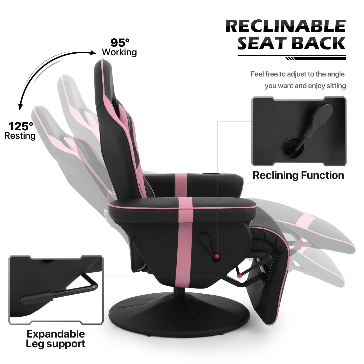 MoNiBloom Racing Style Pu Leather Ergonomic Adjusted Reclining Video Gaming Sofa Chair Seat with Adjustable Backrest and Footrest Cup Holder Pillow, Pink