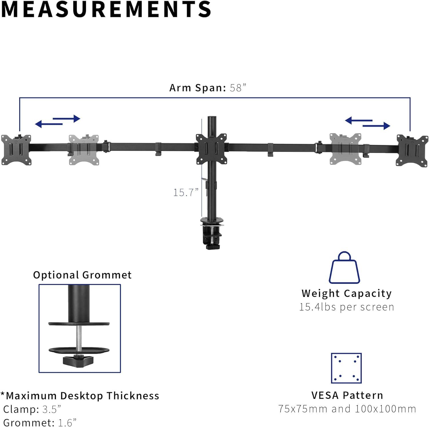 Black Steel Triple Monitor Desk Mount for 21.5 to 27 Inch Screens