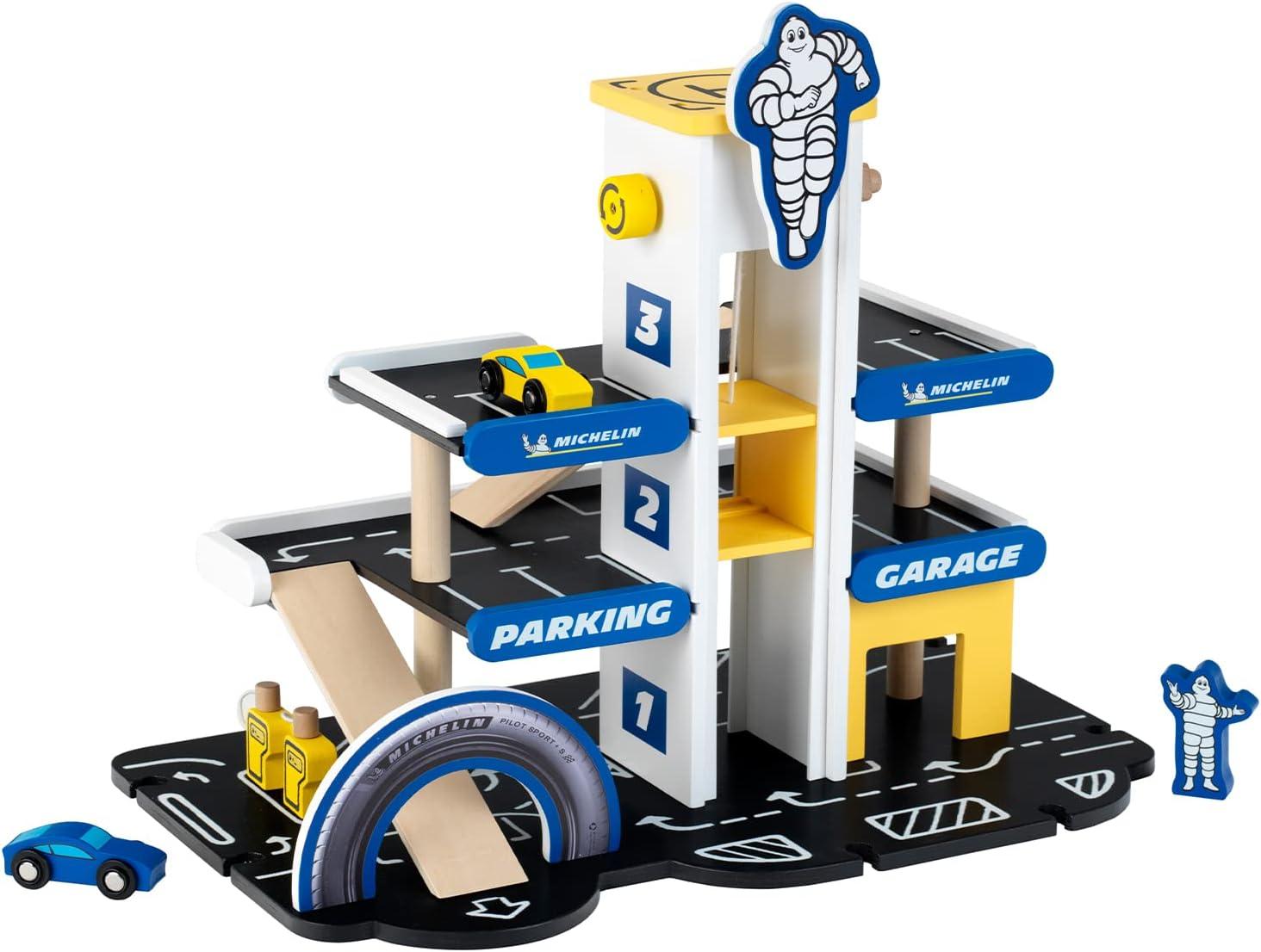 Theo Klein Michelin Car Service Mechanic Station Kids Wooden Toy Playset with 1 Play Car, Screwdriver, and Tires for Ages 3 and Up