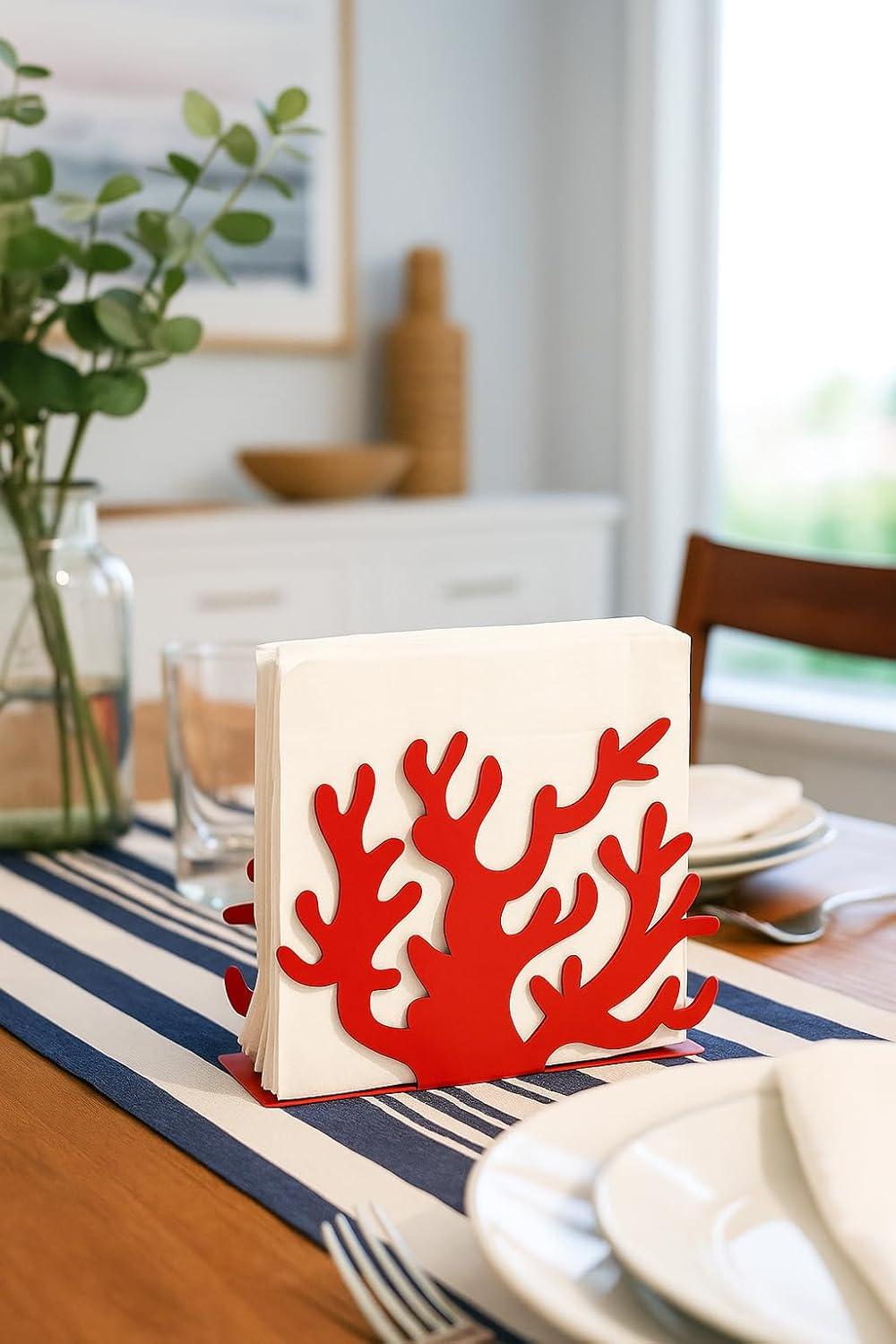 Mango Steam Metal Tabletop Napkin & Letter Holder - Coral, Red (6" L x 1.75" W x 4" H)
