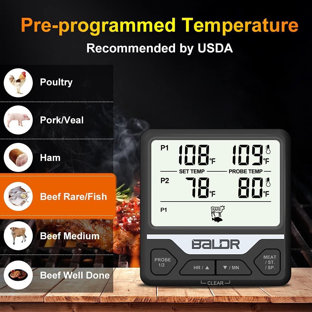 BALDR Dual Probe Digital Cooking Thermometer - Grilling Thermometer, Countdown/Count Up Timer, 7 Pre-Programmed Temperatures, Large LCD Display, Alert Feature, Great for BBQ, Oven & More