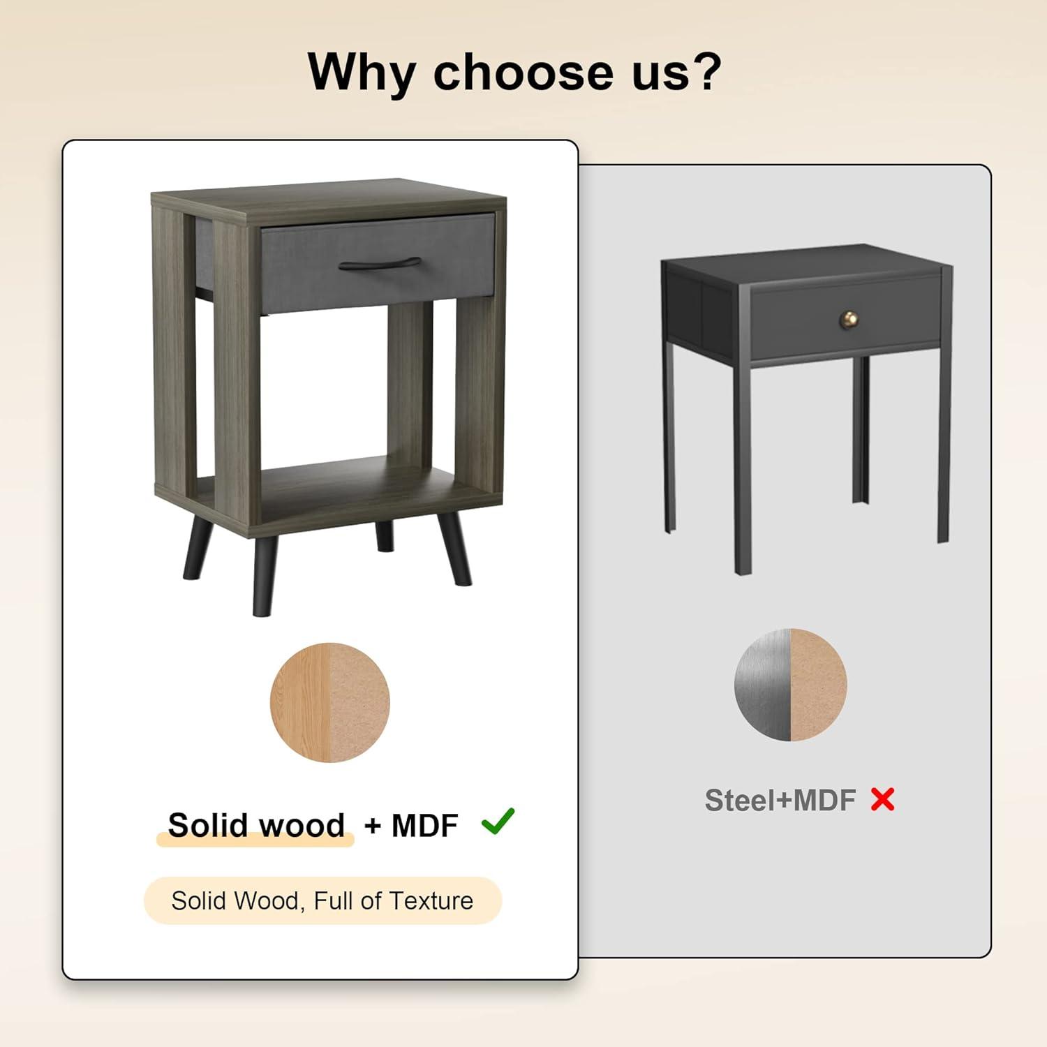 Nightstands Set Of 2 With Fabric Storage Drawer And Open Wood Shelf, Side Table With Storage For Bedroom, Bedside Tables - 23.7" H