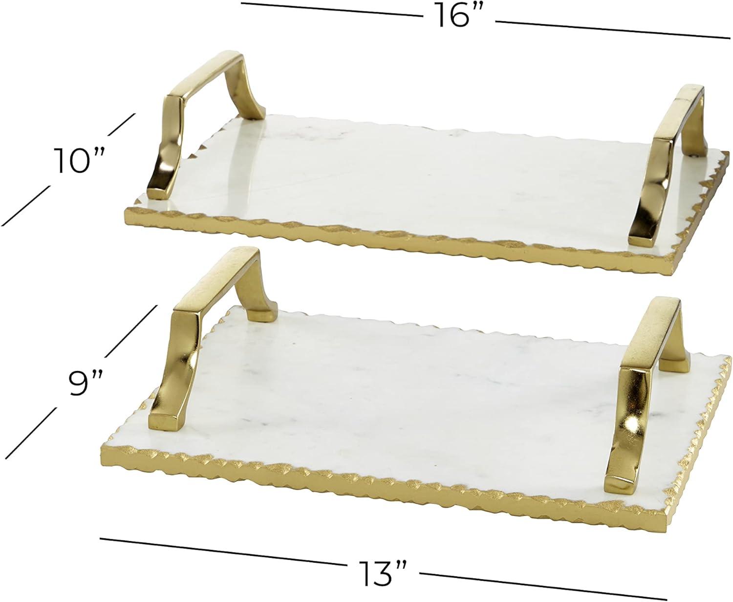 Set of 2 Rectangular Marble Tray with Metal Handles Gold - Olivia & May: Ceramic, Luxury Glam Decor