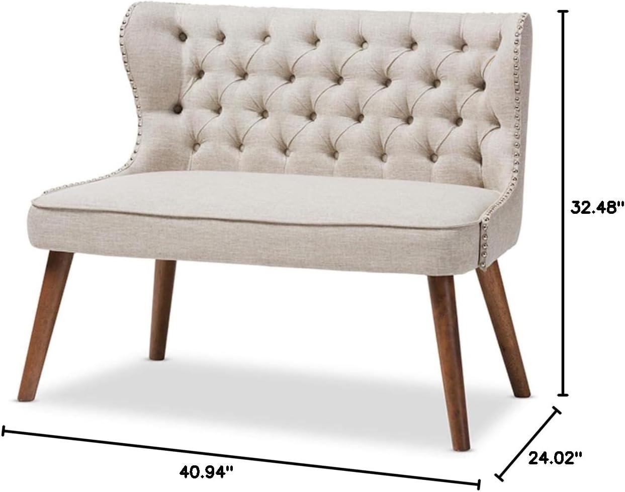 Baxton Studio Scarlett Mid-Century Modern Brown Wood and Light Beige Fabric Upholstered Button-Tufting with Nail Heads Trim 2-Seater Loveseat Settee
