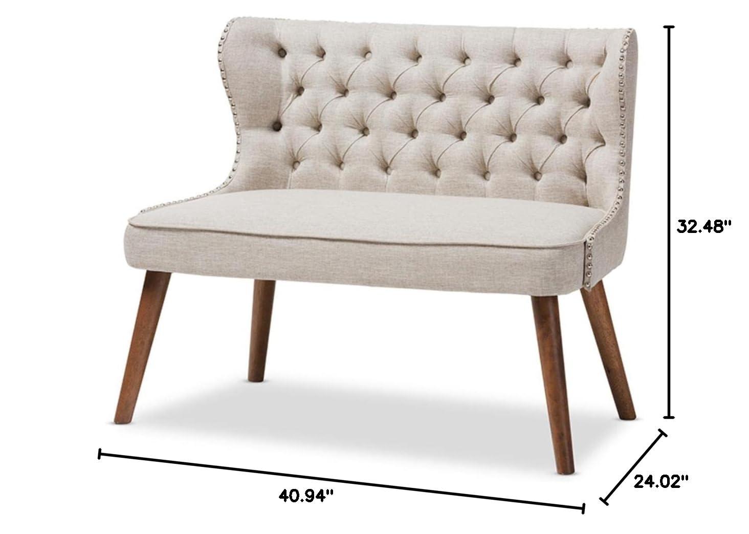 Baxton Studio Scarlett Mid-Century Modern Brown Wood and Light Beige Fabric Upholstered Button-Tufting with Nail Heads Trim 2-Seater Loveseat Settee