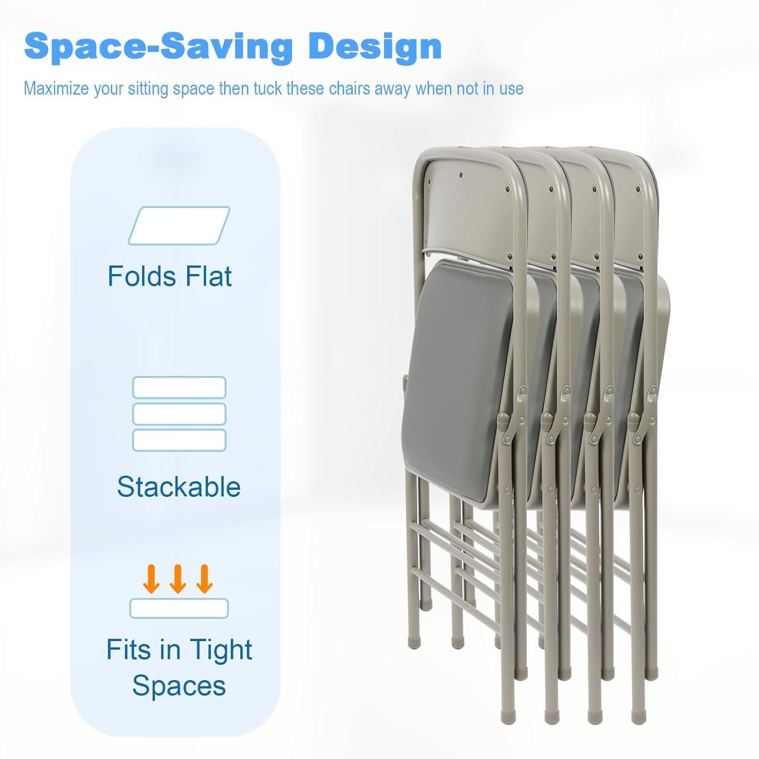 Folding Chairs with Padded Cushion and Back, 4pcs Potable Iron & PVC Durable Chairs for Indoor and Outdoor, School, Office and Garden Party, Gray