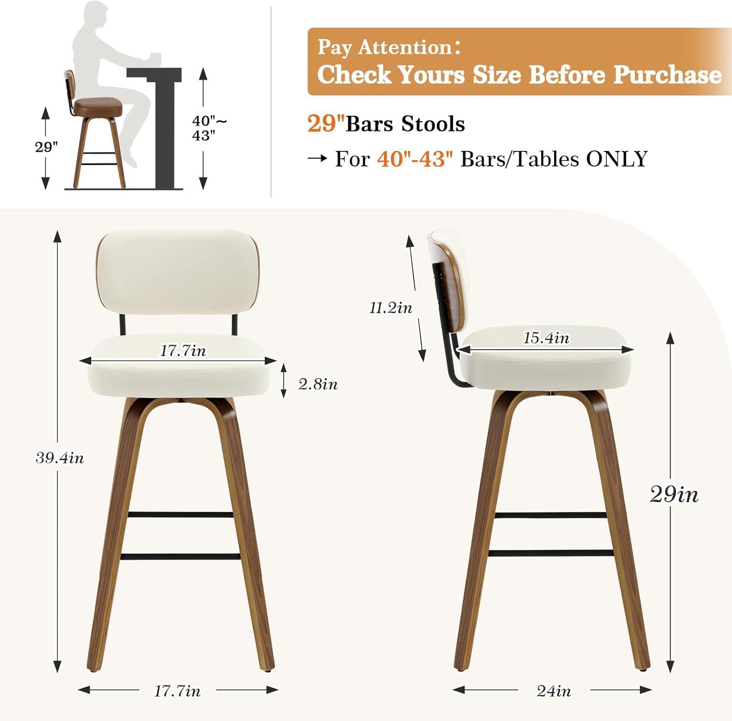 Lucky Monet 26"/29" Swivel Bar Stools/ Counter Stools with Bentwood Legs Set of 2 - Cream White-PU Back - Bar Height