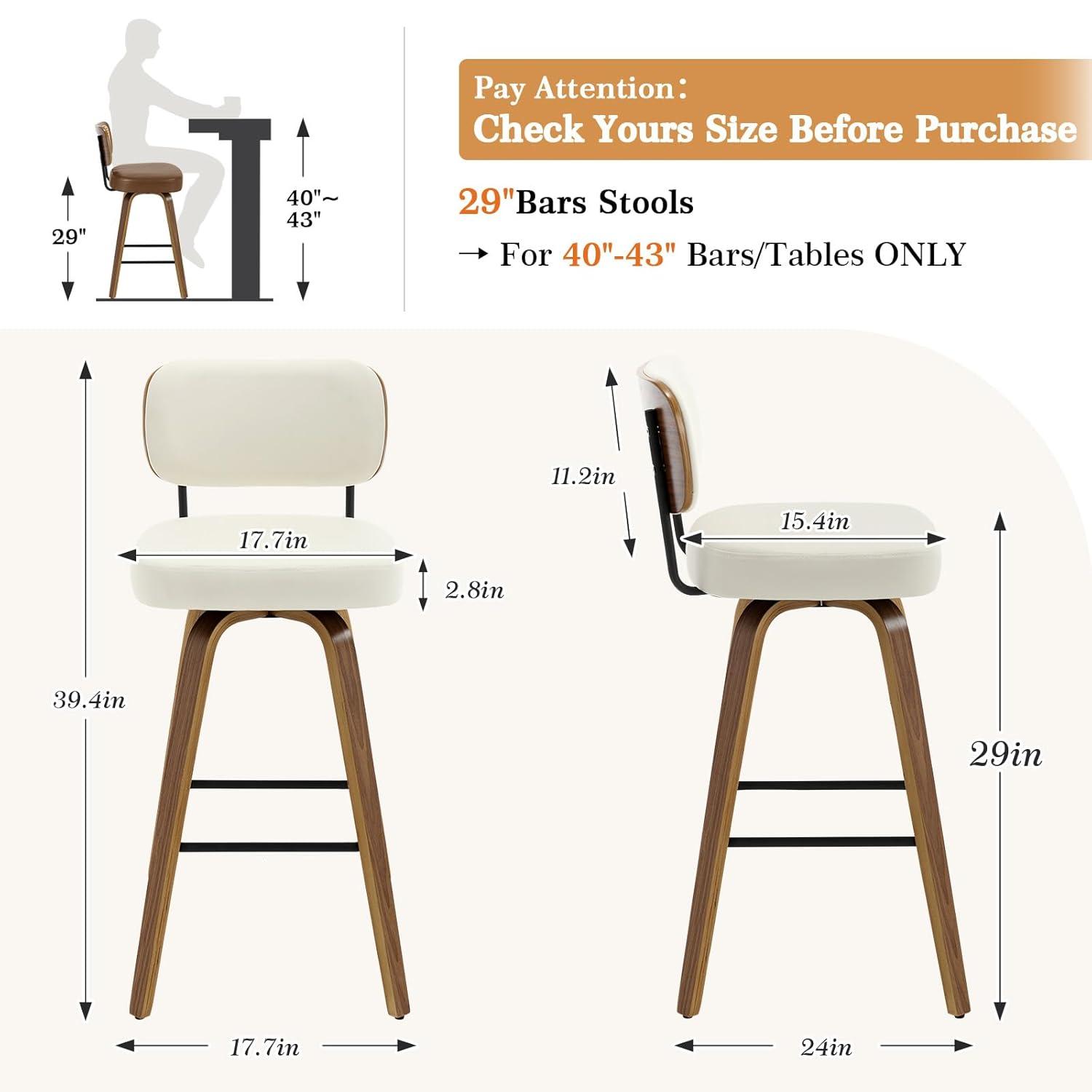 Lucky Monet 26"/29" Swivel Bar Stools/ Counter Stools with Bentwood Legs Set of 2 - Cream White-PU Back - Bar Height