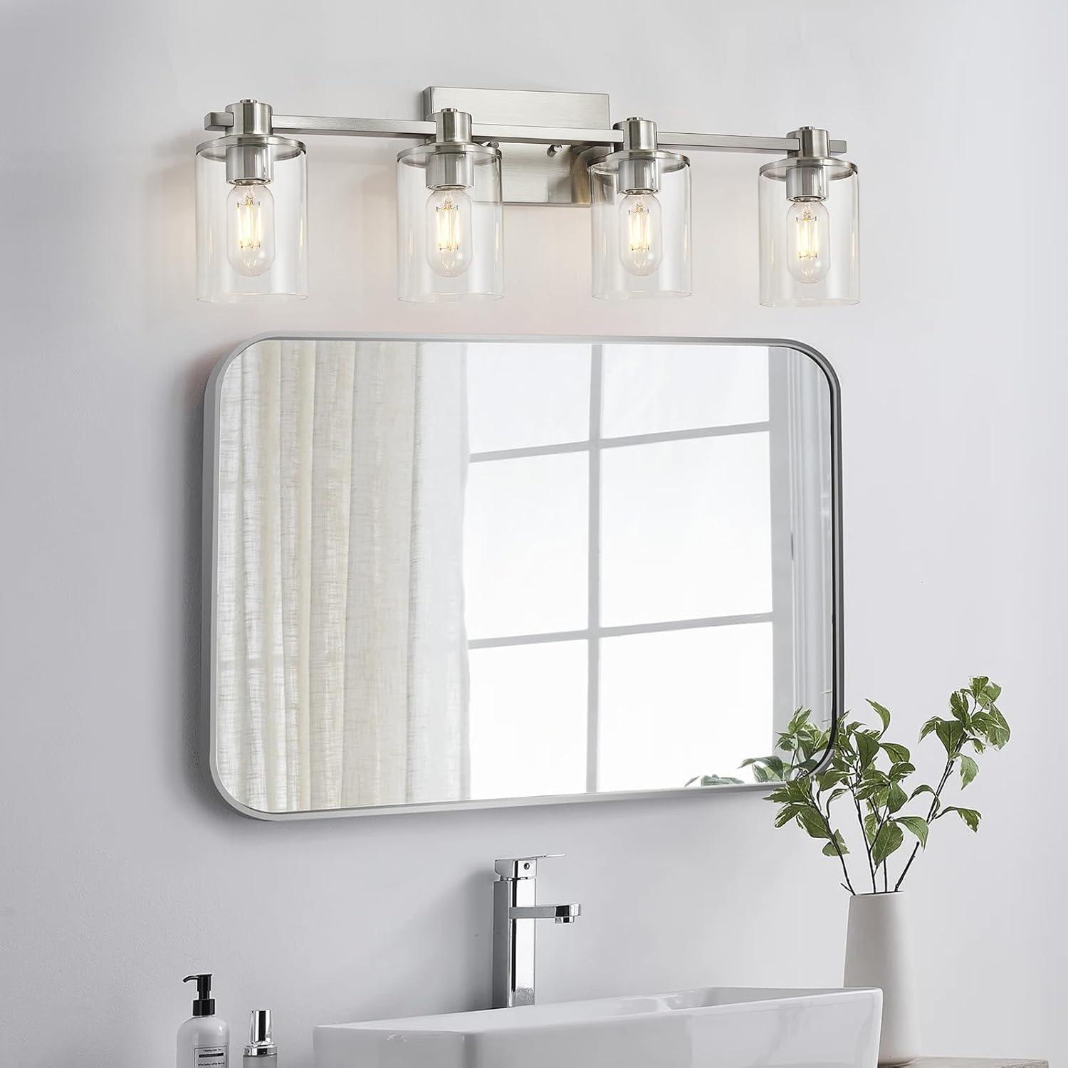 Brushed Nickel 4-Light Bathroom Vanity Fixture with Clear Glass Shades