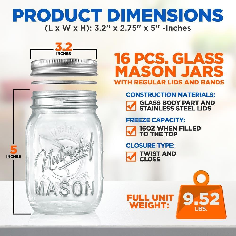 NutriChef 16 Pcs. Glass Mason Jars with Regular Lids and Bands, DIY Magnetic Spice Jars, Ideal for Meal Prep, Jam, Honey, Wedding Favors, and more