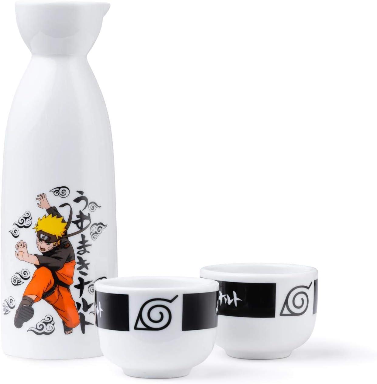 Naruto 3 Piece Heavy Duty Ceramic Drinkware Sake Set Featuring 1 Carafe & 2 Cups