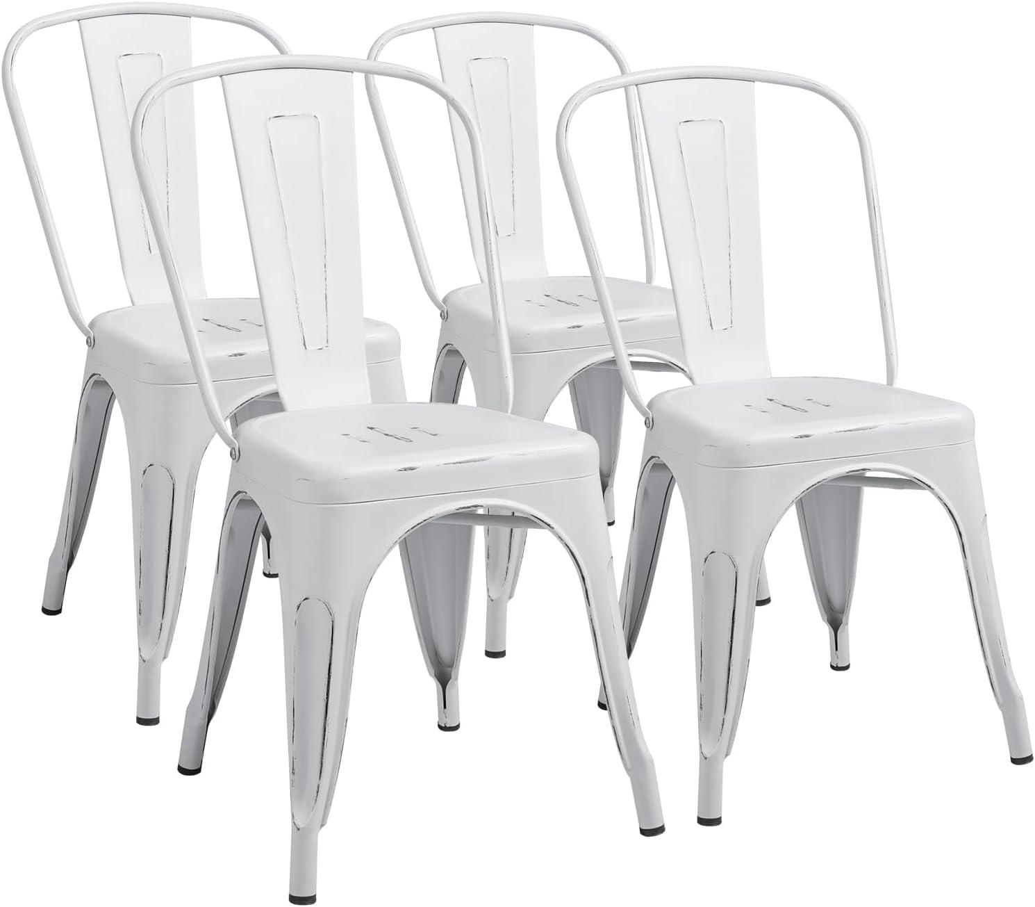 Killeryuki Metal Dining Chair Indoor Outdoor Use Stackable Chic Side Classic Trattoria Metal Chairs Set of 4 for Kitchen, Dining Room, Bistro and Cafe (Distressed White)