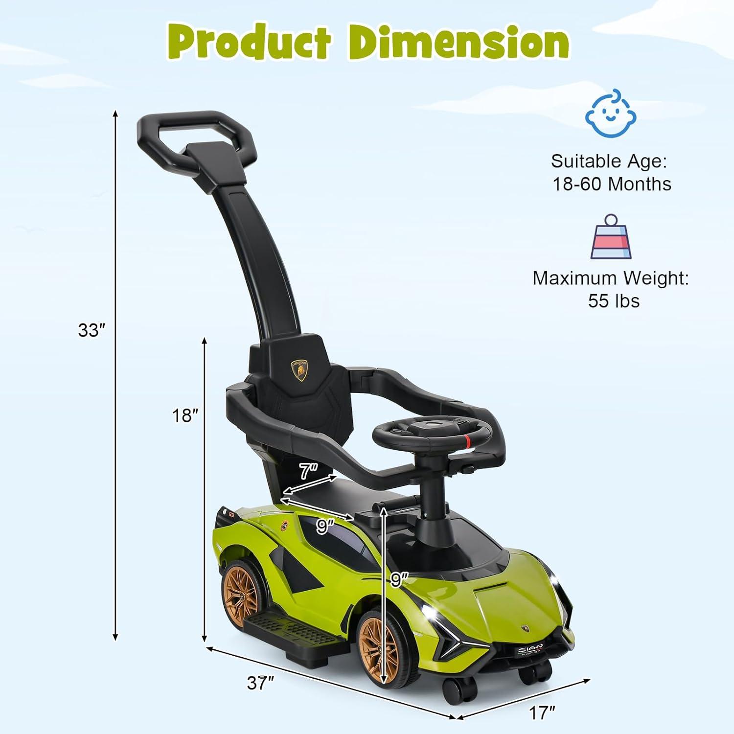 Green Lamborghini 3-in-1 Push Car Stroller with Storage