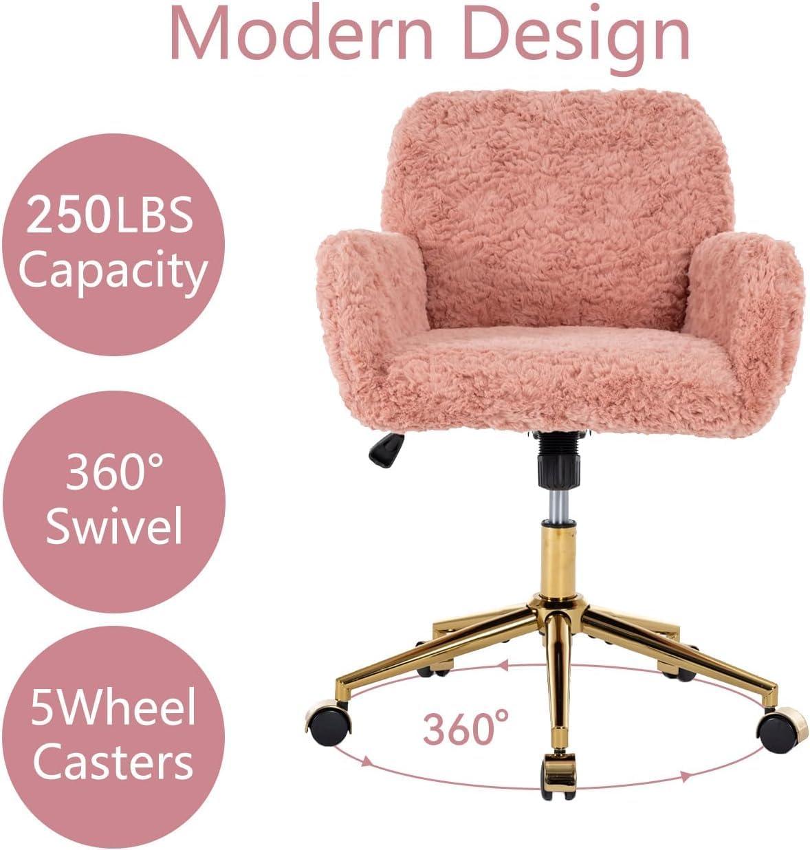 Pink Artificial Rabbit Fur Home Office Chair, Adjustable Swivel Desk Chair with Gold Metal Base and Wheels - The Pop Home