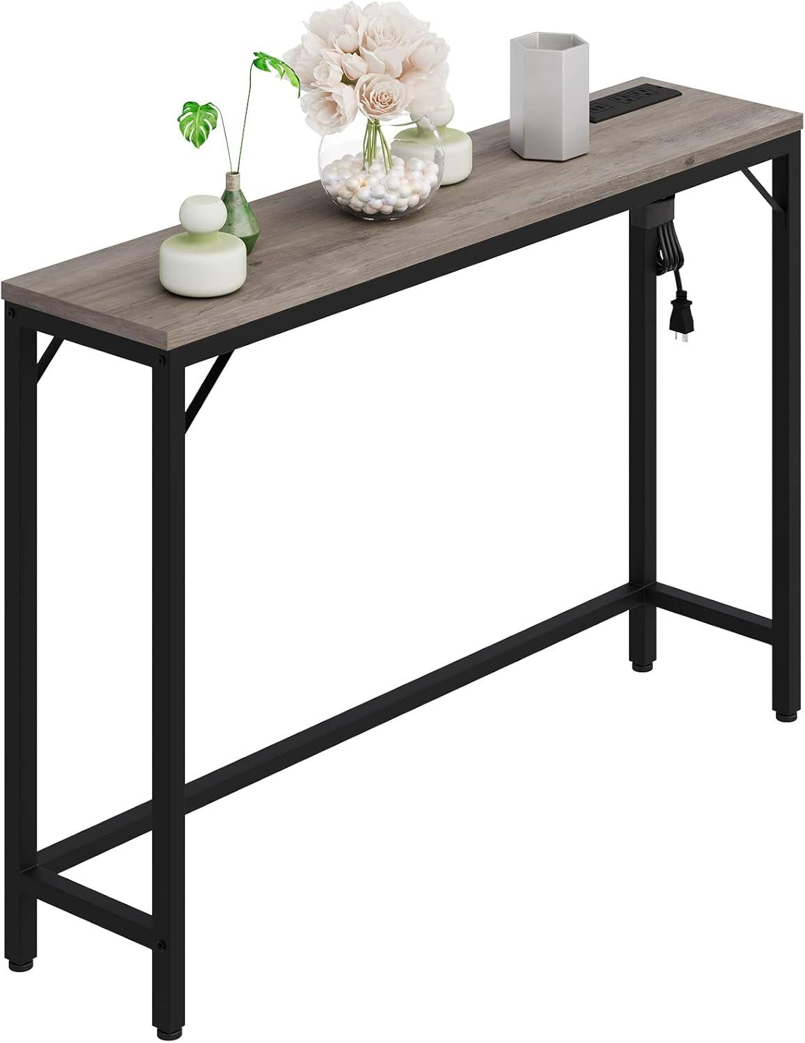 Entryway Table with Power Outlets & USB Ports, Narrow Sofa Table with Charging Station, 39.3" Industrial Console Table, Behind Couch Table for Living Room, Hallway, Foyer, Bedroom